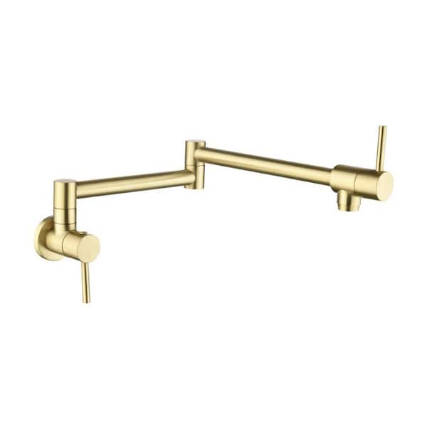 Double Switch Handle Foldable and Rotatable Wall Mounted Kitchen Pot Filler with Aerator & Cross Handle in Brushed Gold