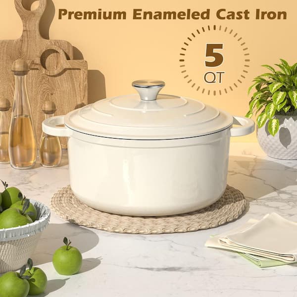 LOHEN ローヘン ブライトヤーンクルーニット　ホワイト LAIFUCAM 5 qt. Round Enameled Cast Iron Dutch Oven in Cream White