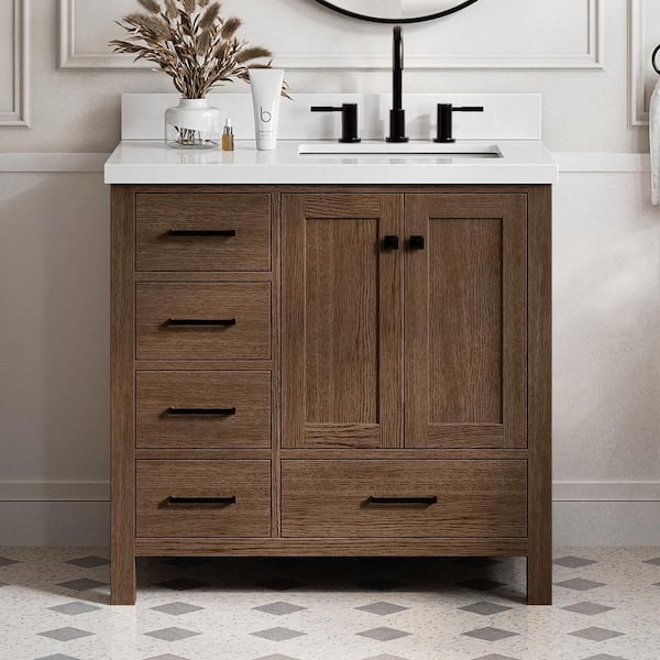 Cambridge 36 in. Single Sink Freestanding Bathroom Vanity in Brown Oak with Pure White Quartz Top