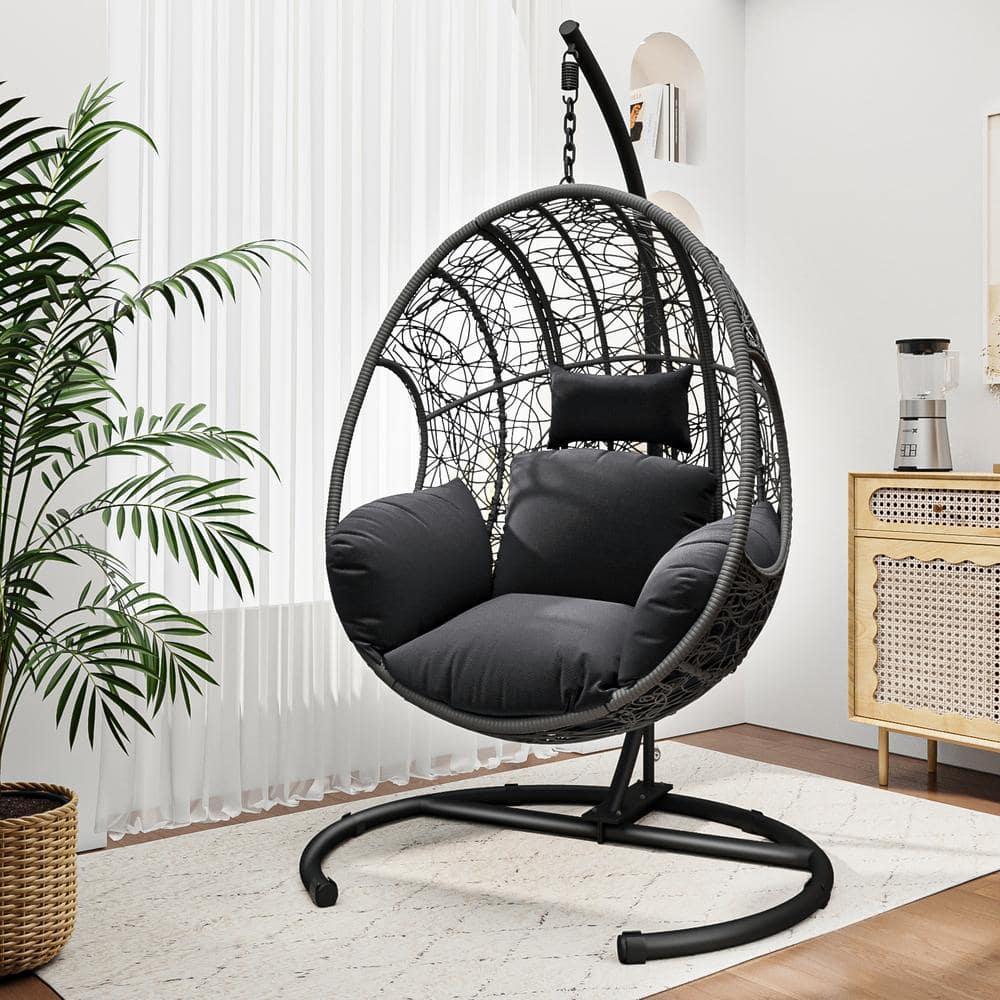 New PE wicker outdoor patio swing leisure egg chair with black seat cushion
