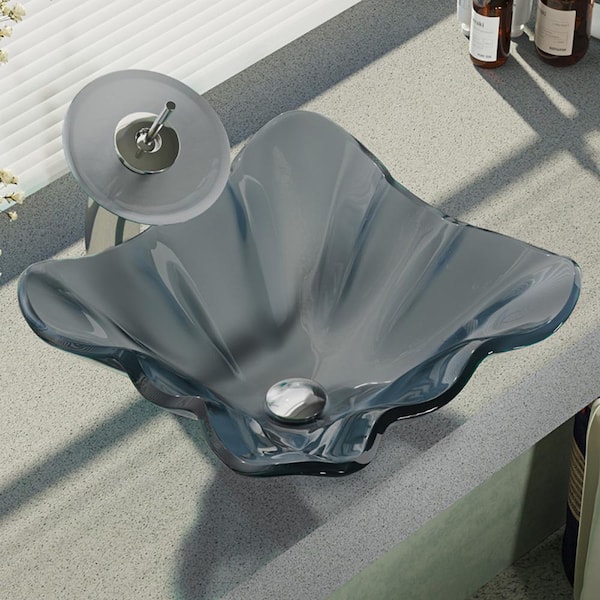 Rene Glass Vessel Sink in Smoky Black with Waterfall Faucet and Pop-Up Drain in Chrome