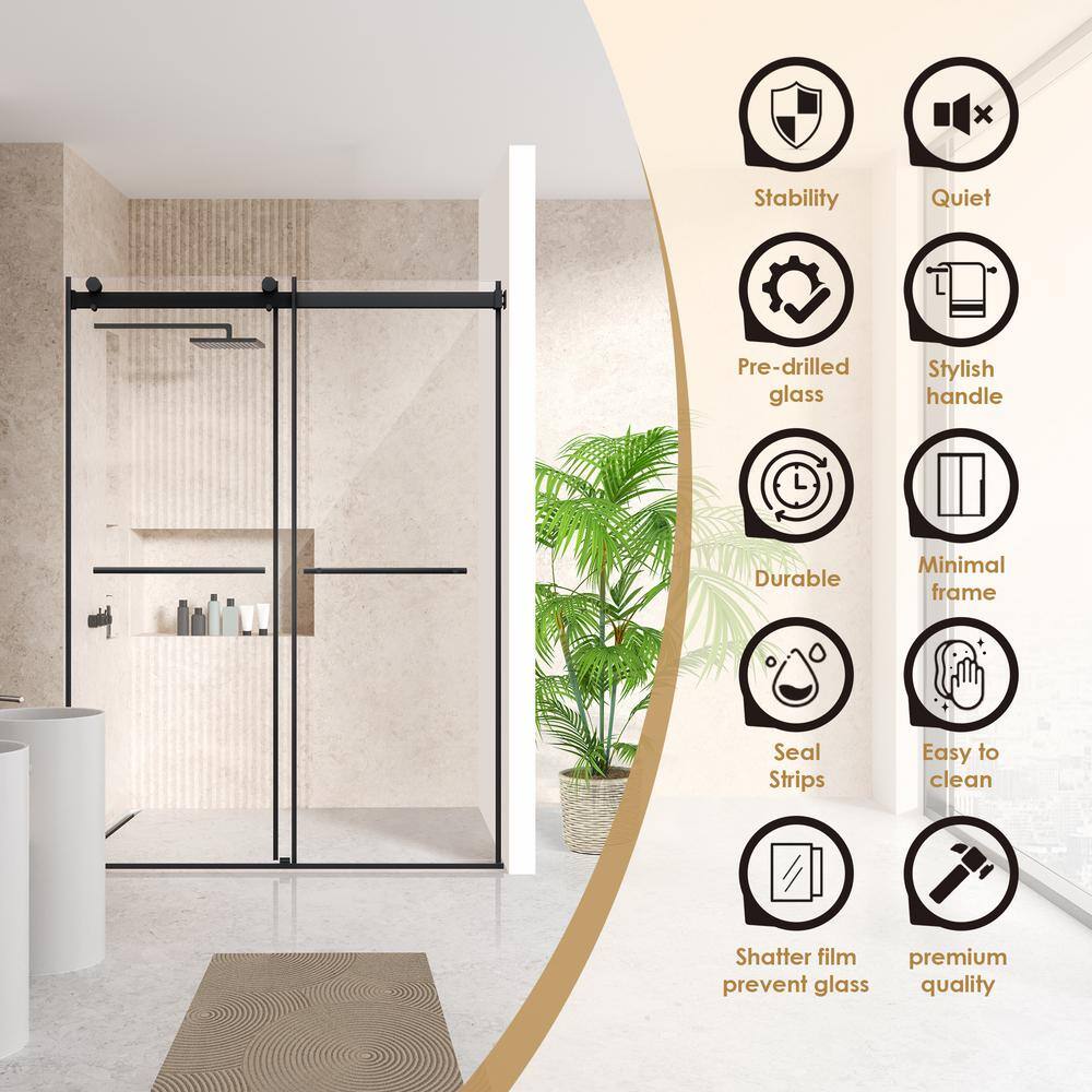 Belizzi 56" Matte Black Frameless Shower Door with Clear Glass