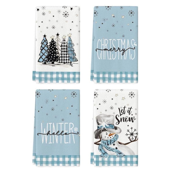 Blue and Beige Polyester Buffalo Plaid Snowman Kitchen Towels, Soft Absorbent Dish Towels for Winter Decor (Set of 4)