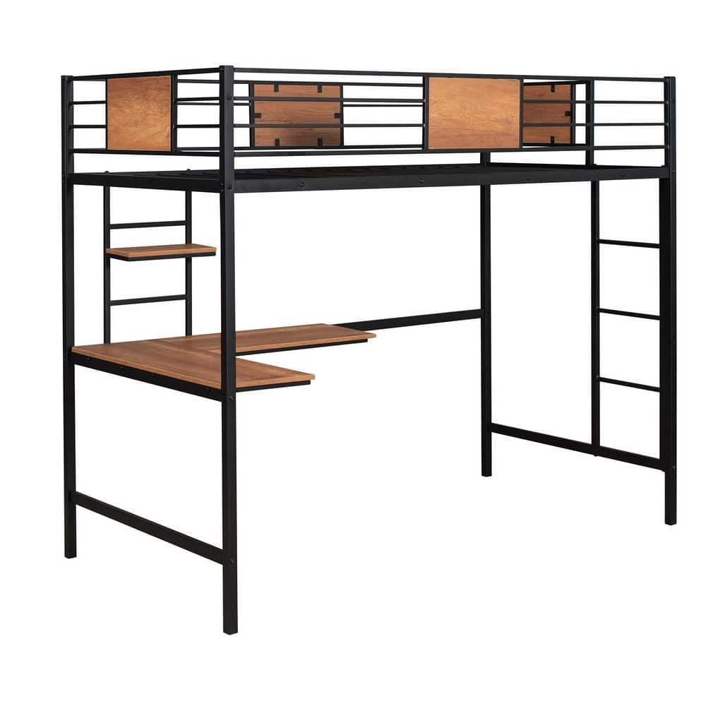 ANBAZAR Modern Black Twin Size Metal Loft Bed Frame with L-Shaped Desk ...