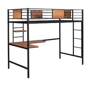 Modern Black Twin Size Metal Loft Bed Frame with L-Shaped Desk and Storage Shelves