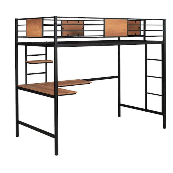 ANBAZAR Modern Black Twin Size Metal Loft Bed Frame with L-Shaped Desk and Storage Shelves
