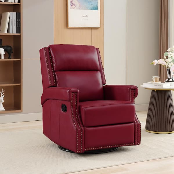 JEAREY Modern Retro Burgundy Swivel Genuine Leather Recliner with Nailhead Trim