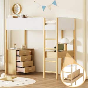 Natural Wood Frame Twin Teddy Fleece Upholstered Loft Bed with 4-Drawers, Shelves, Built-in Desk with Hidden Storage