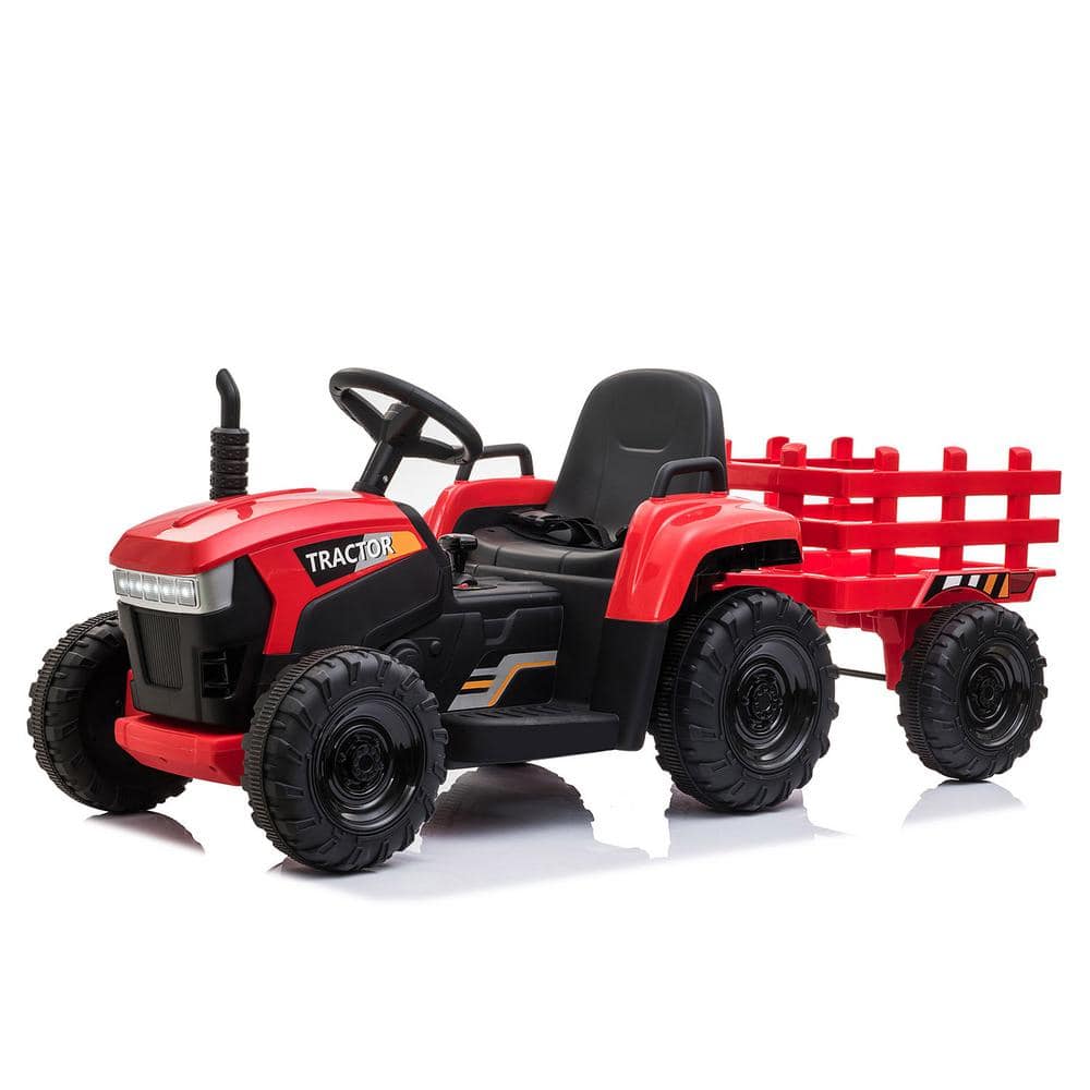 Red 12V Kids Ride-On Tractor with Trailer and LED Lights