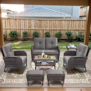 Brown 7-Piece Wicker Patio Conversation Set with Armchairs, Outdoor Glider Seating Set with Gray Cushions