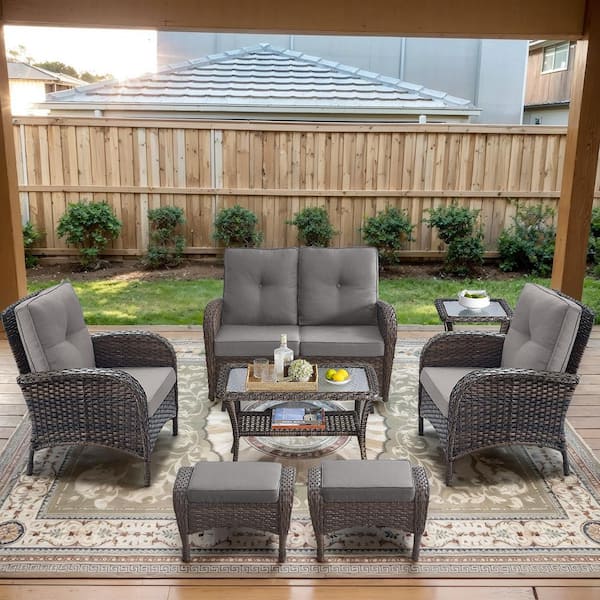 Opohoro Brown 7-Piece Wicker Patio Conversation Set with Armchairs, Outdoor Glider Seating Set with Gray Cushions