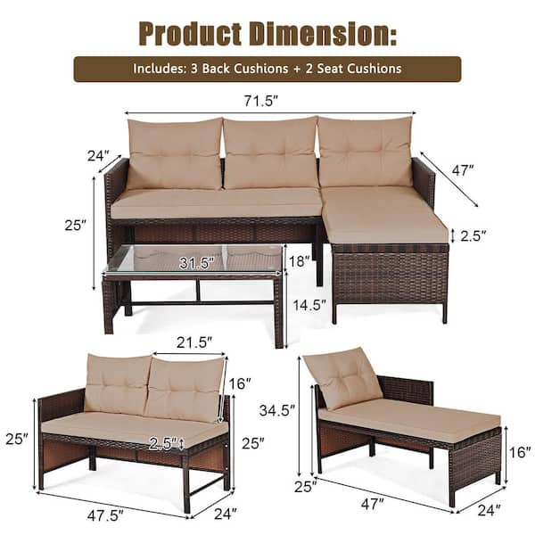 Costway Brown 3 Piece Wicker Rattan Patio Conversation Set Outdoor Sectional Sofa With Yellowish Cushions Hm0022 - Outdoor Wicker Furniture Sofa Sets