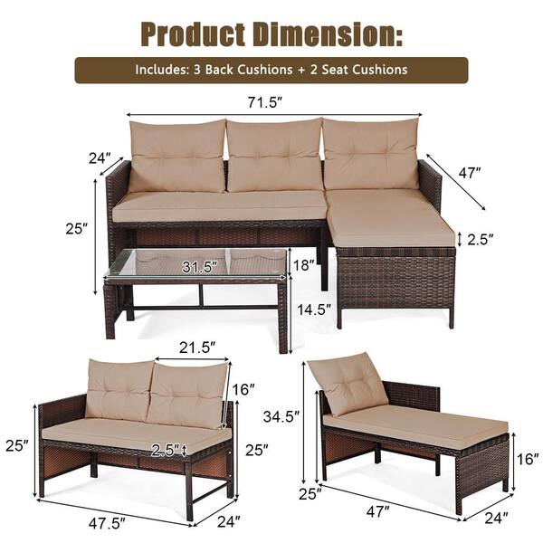 Costway 3 Pieces Rattan Wicker Sofa Set Outdoor Patio Sectional Conversation Set Garden Lawn with Cushions Beige QD 6G370 The Home Depot