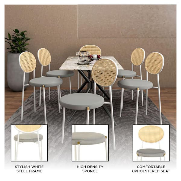 Leisuremod Grey Leather Dining Chair Armless Rattan back Side Chair in White Stainless Steel Euston Collection