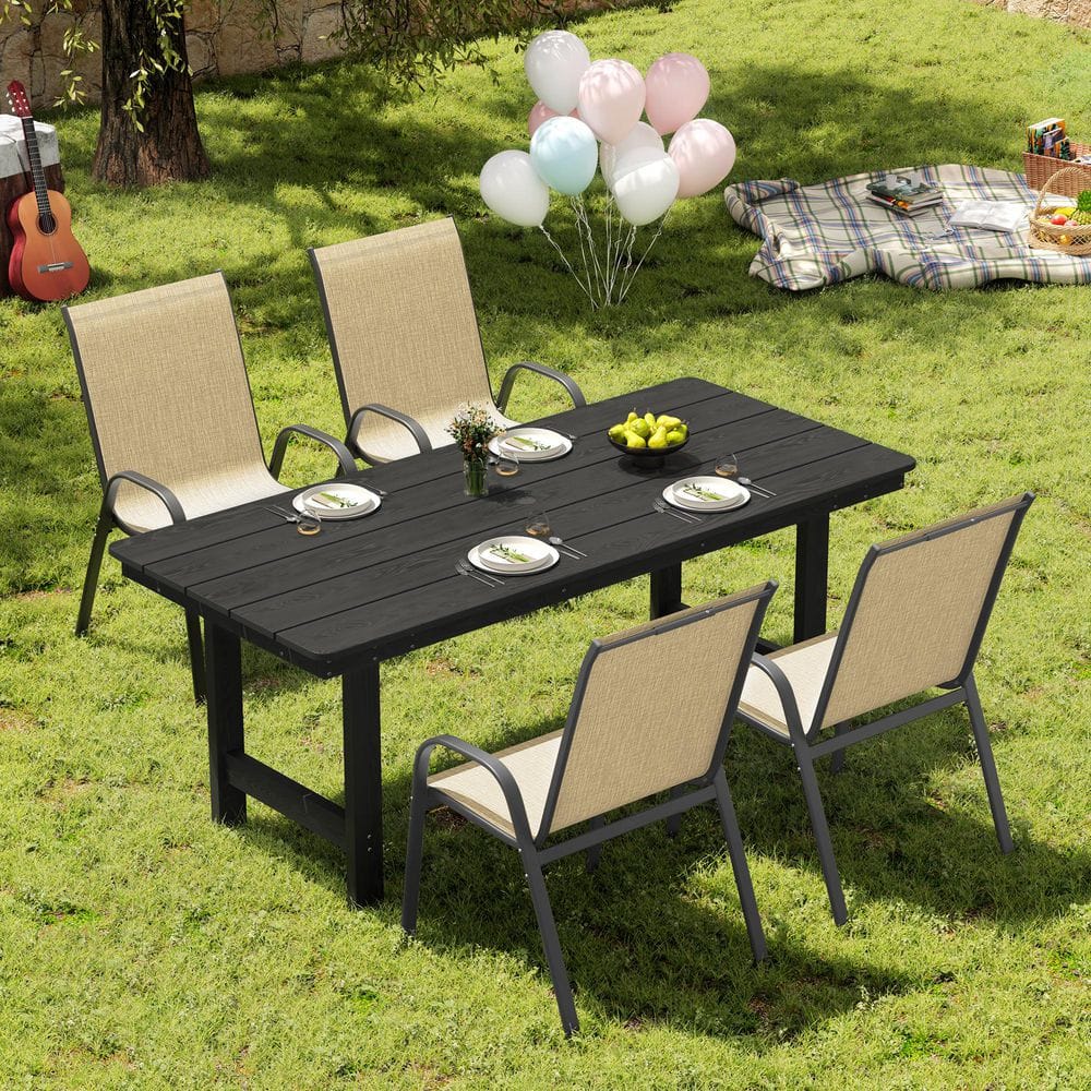5-Piece Plastic Rectangular Outdoor Dining Set, HDPE Patio Table and 4 Light Khaki Textilene Stackable Chairs for Lawn price history on PriceWatchPro