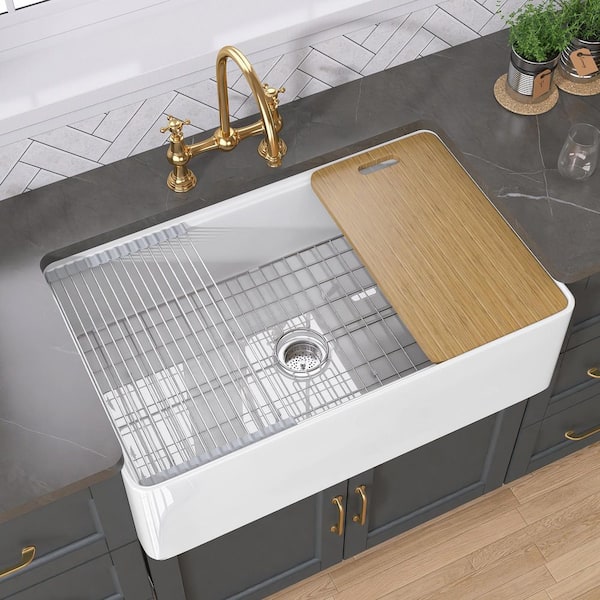 33 in. Workstation Kitchen Sink Farmhouse Apron Front Single Bowl White Farm Sink with Cutting Board & Accessory Kit