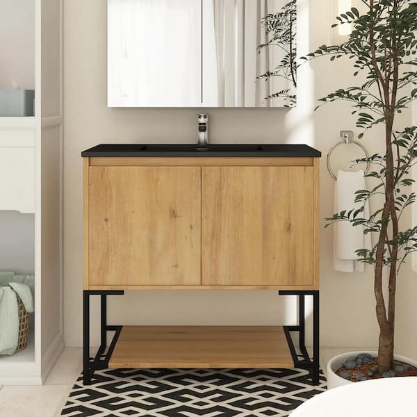 Boosicavelly 36 in. W X 19 in. D X 34 in. H Single Sink Freestanding Bath Vanity in Oak With Black Resin Top