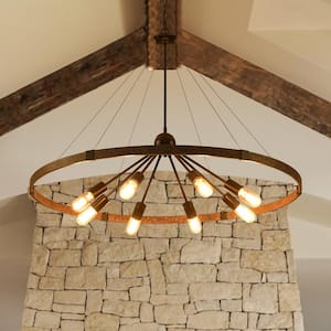 38.18 in. 8-Light Farmhouse Large Wagon Wheel Chandelier Wild West for Entryway Living Room Bedroom Foyer, Vintage Rust