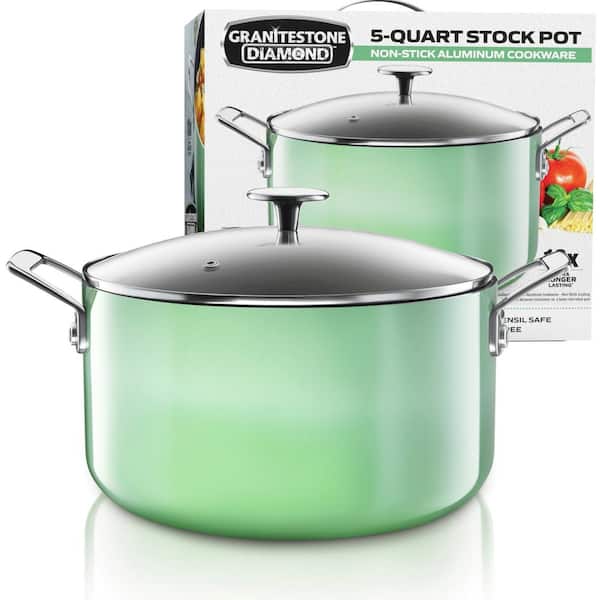 5 qt. Round Green Aluminum Nonstick Ultra-Durable Mineral and Diamond Coating Gradient Brasier Stock Pot with Lid