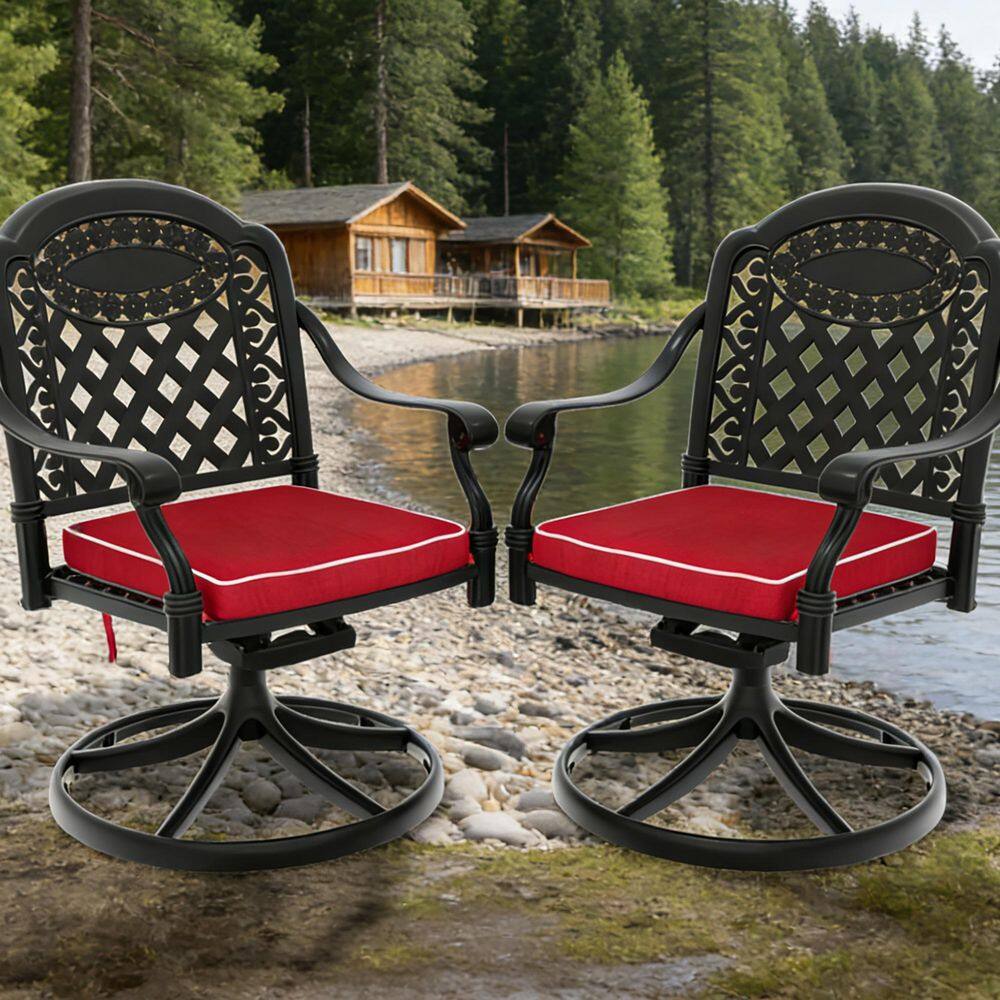 Black Cast Aluminum Patio Swivel Dining Chair With Red Cushions (2-Pack) price history on PriceWatchPro