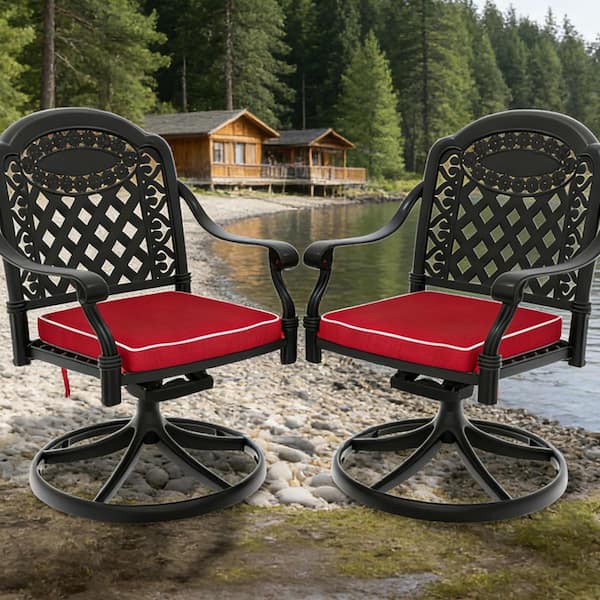 Black Cast Aluminum Patio Swivel Dining Chair With Red Cushions (2-Pack)