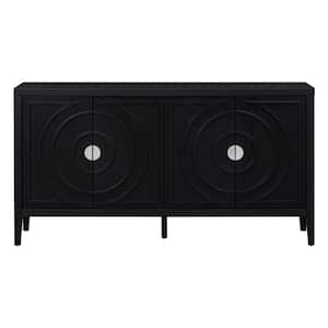 60.00 in. W x 16.00 in. D x 32.00 in. H Black Linen Cabinet with Circular Groove Design Round Metal Door Handle