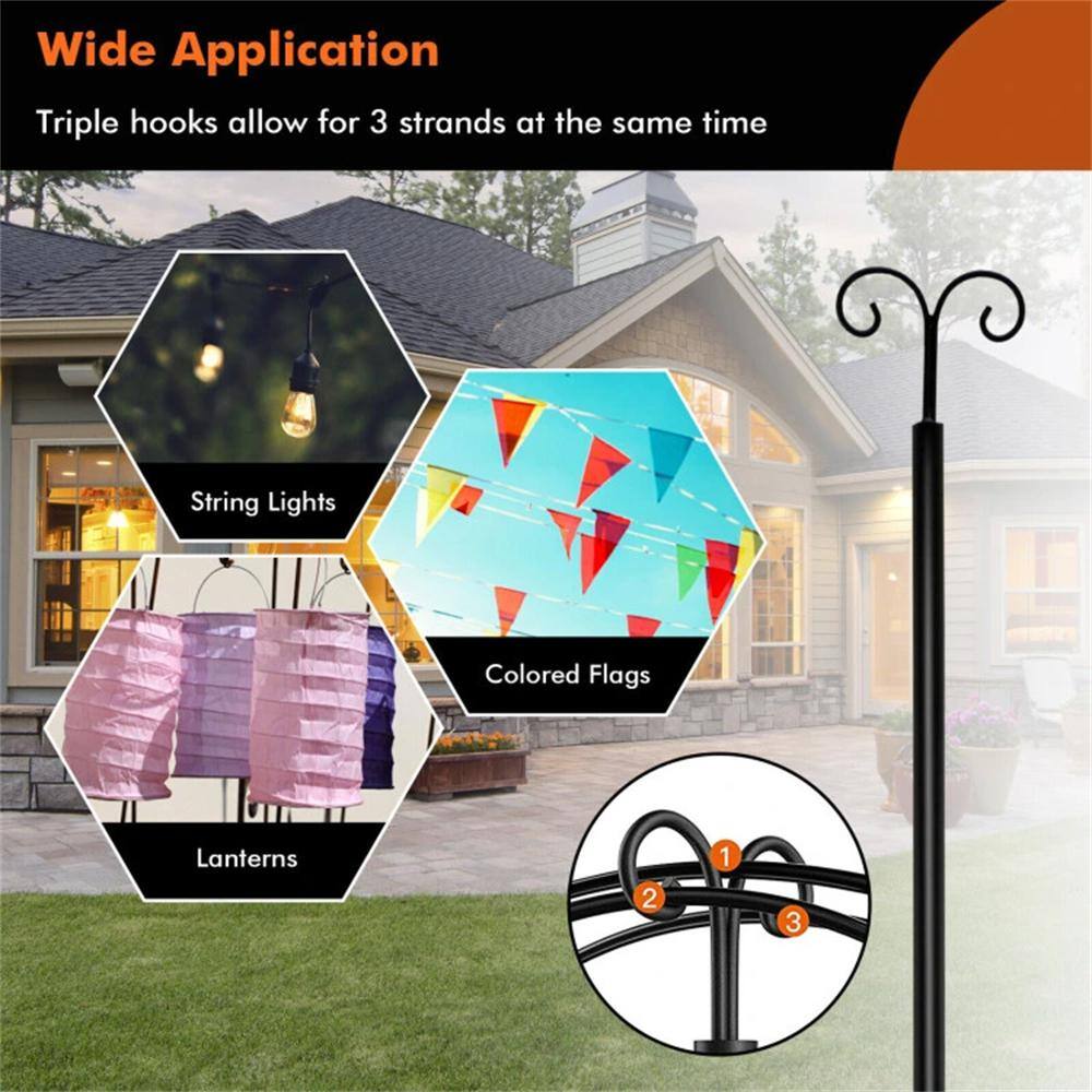 Black Steel Outdoor String Light Poles with Arc Hook and 5-Prong Base - 10 ft