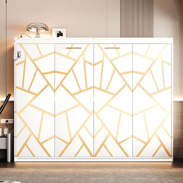 White Wood Frame Queen Size Murphy Bed with Trendy Printed Pattern