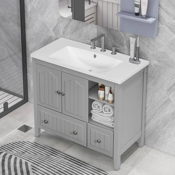 Qidian 36 in.W x 18.03 in.D x32.13 in. H Grey Bathroom Vanity, with Two Doors and Drawers, Solid Frame , Top with White Basin
