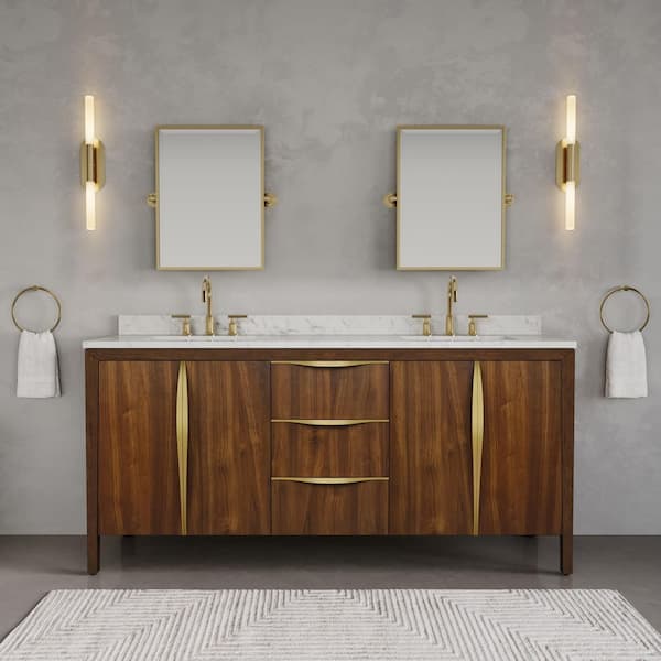 Ferrero 72 in. W Double Sink Bath Vanity in Noir Juglans with Carrara White Marble Top with White Basin