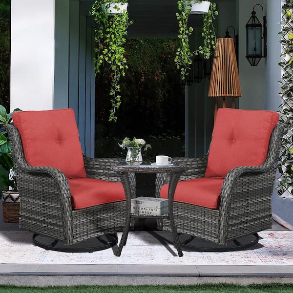 ArcoBay 3-Piece Gray Wicker Swivel Outdoor Rocking Chairs Patio Conversation Set with Olefin Red Cushions