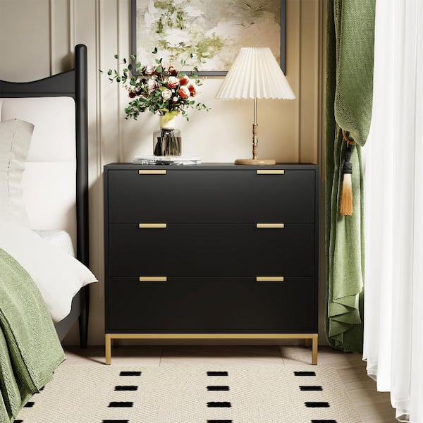 Aupodin 3-Drawer Black Chest of Drawers with Gold Metal Legs Mid Century  Modern Dresser 31.5 in. W x 29.5 in. H x 15.7 in. D H0073 - The Home Depot
