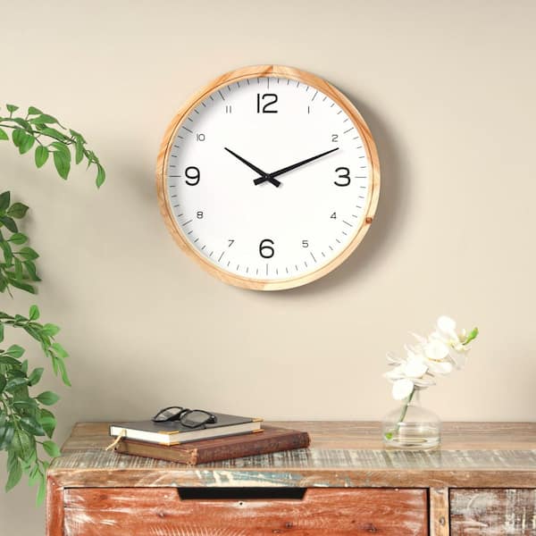 Litton Lane 16 in. x 16 in. Light Brown Wood Wall Clock with White Backing