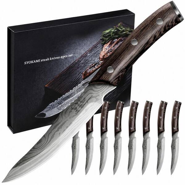 Steak Knives Set of 8, 4.8-Inch Non-Serrated Japanese High-Carbon Stainless Steel Knives with Wood Handles