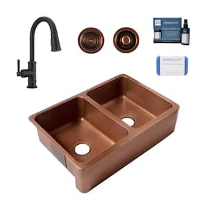 Lange 32 in. Farmhouse Apron Front Undermount Double Bowl 17 Gauge Antique Copper Kitchen Sink with Bronze Faucet Kit