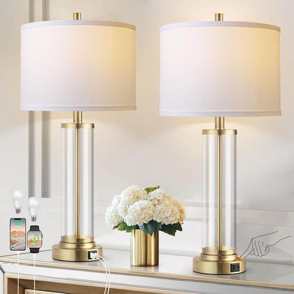 26.77 in. Golden Modern Nightstand Lamp, for Bedrooms Set of 2, Touch Control with USB A+C Ports, 3-Way Dimmable
