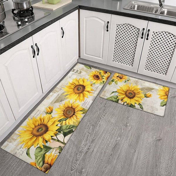 Sunflower Kitchen Mats Non Skid Washable Indoor Set of 2 (17 in. x 47 in. + 17 in. x 30 in.) Yellow