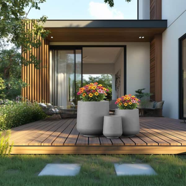 10 in. 13.5 in. 17 in. Natural Gray(Enhanced Core) Concrete Round Planter / Pot with Drainage Holes (3-Pack)