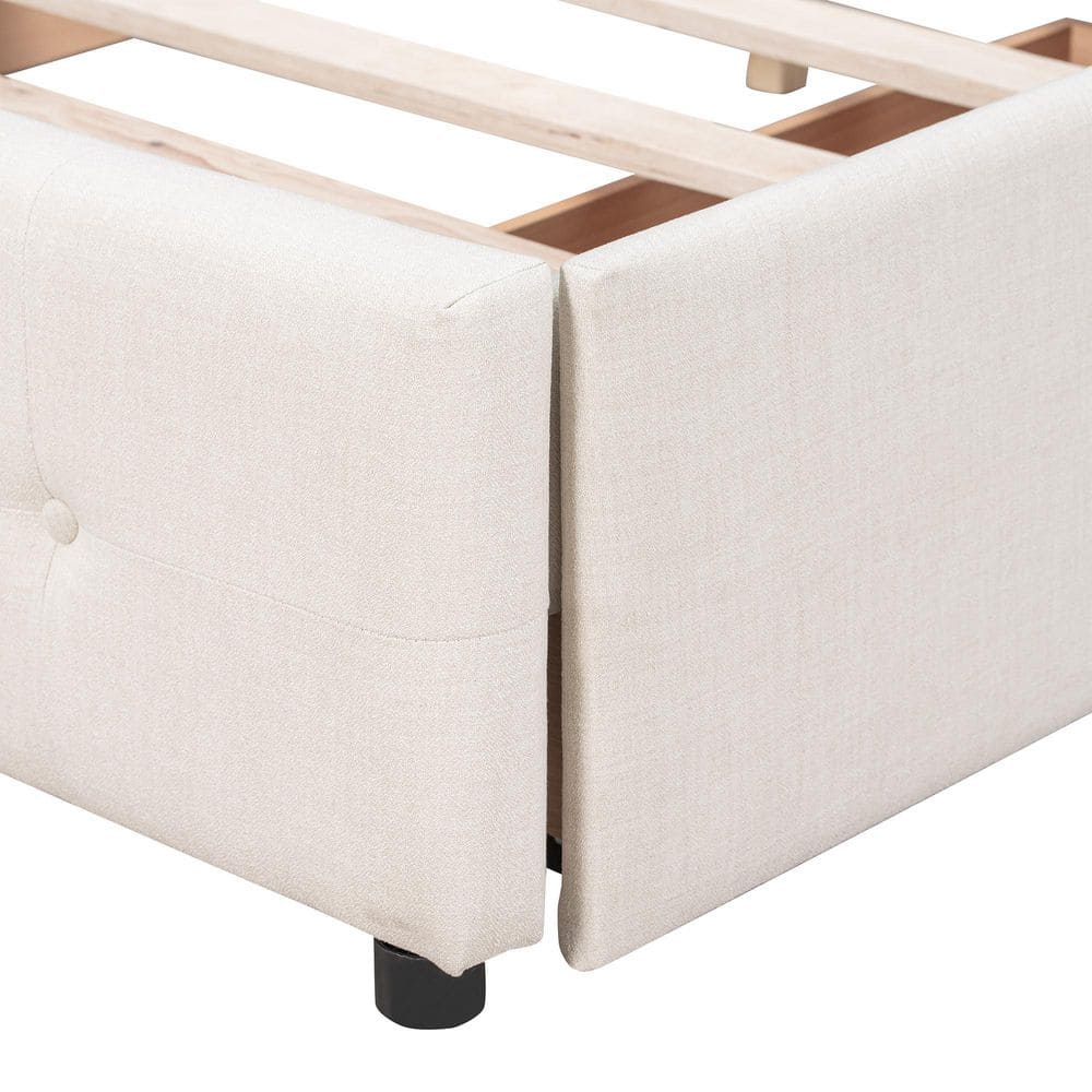 Beige Linen Upholstered Wood Frame Queen Size Platform Bed with 4-Drawers - thumbnail 3