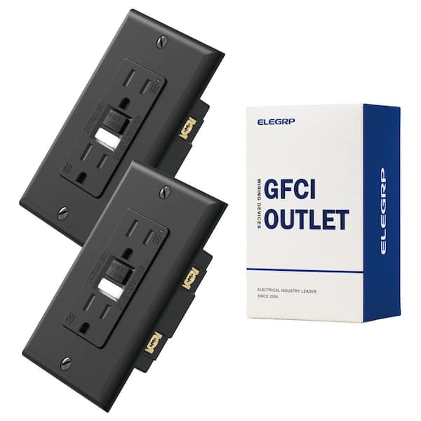 ELEGRP Black 15 Amp 125-Volt Tamper Resistant Duplex Self-Test GFCI Outlet with Night Light, with Wall Plate (2-Pack)