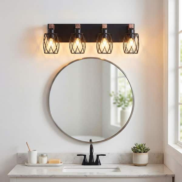 24 in. 4 Light Black Vanity Light Fixture Bathroom Over Mirror Wall Lights with Black Cage and Wooden Accents
