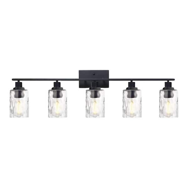 Etokfoks 4.72 in. 5-Lights Black LED Vanity Light Bar with Clear Hammered Glass Shade