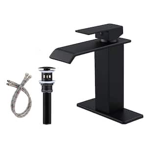 Waterfall Single Handle Single Hole Mid-Arc Bathroom Faucet Vanity Sink Faucet with Pop Up Drain in Matte Black