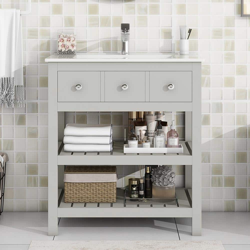 30 in. W x 18.5 in. D x 33 in. H Freestanding Bath Vanity in Gray with Whit
