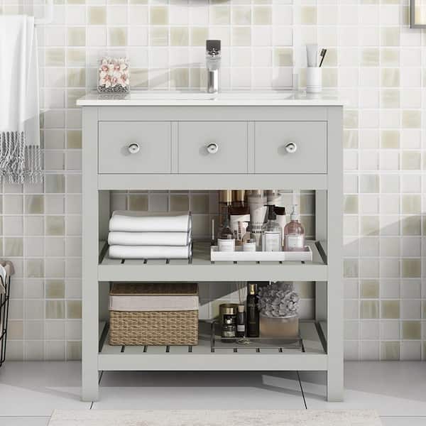 Unbranded 30 in. W x 18.5 in. D x 33 in. H Freestanding Bath Vanity in Gray with White Ceramic Top