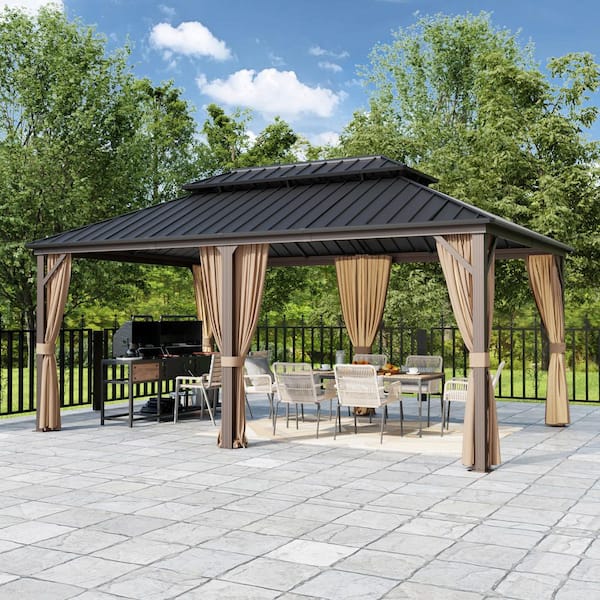 12 ft. x 18 ft. Outdoor Patio Aluminum Frame Gazebo with Double Hardtop Steel Roof, Mosquito Net and Curtains