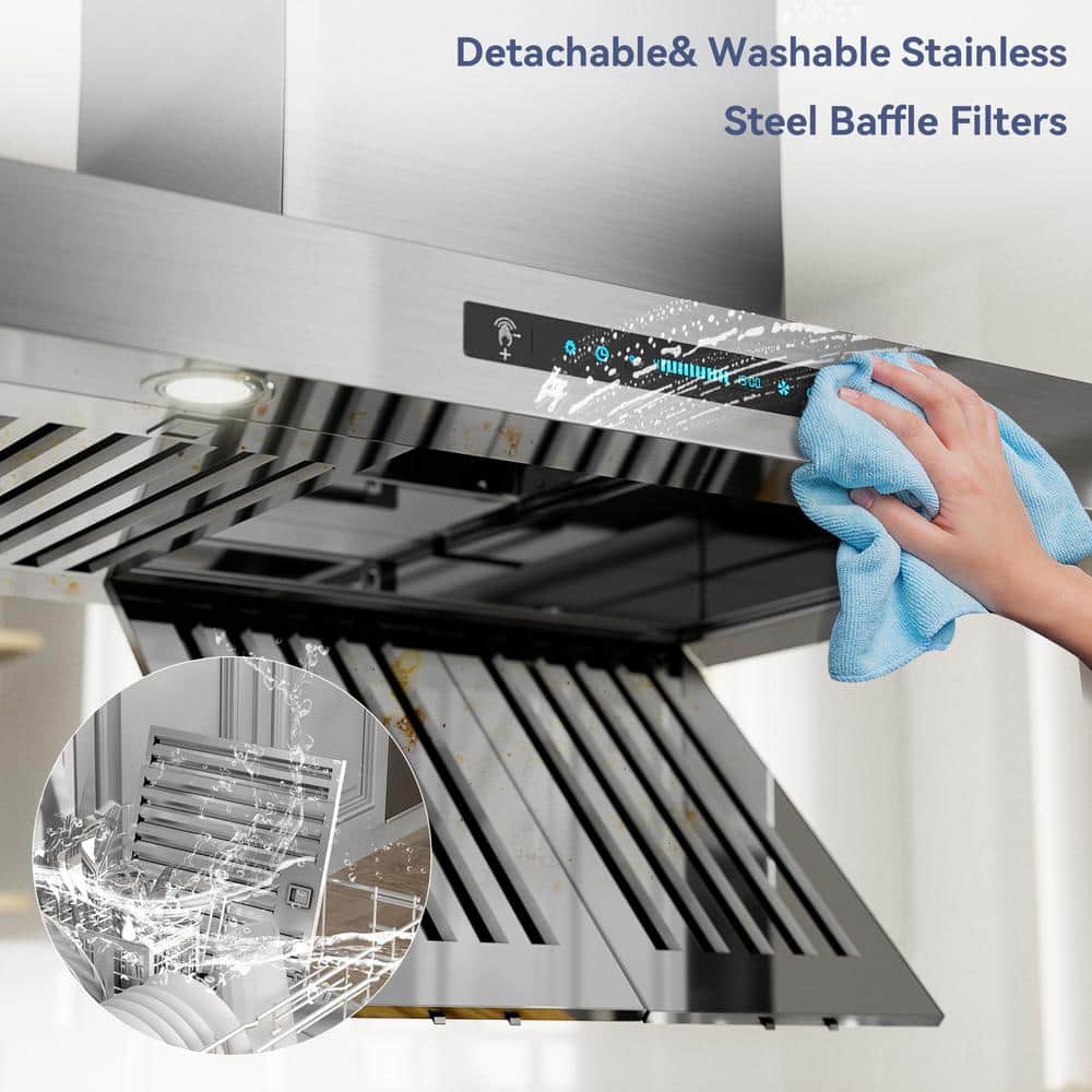 IKTCH 36" Stainless Steel Island Range Hood with Gesture Control