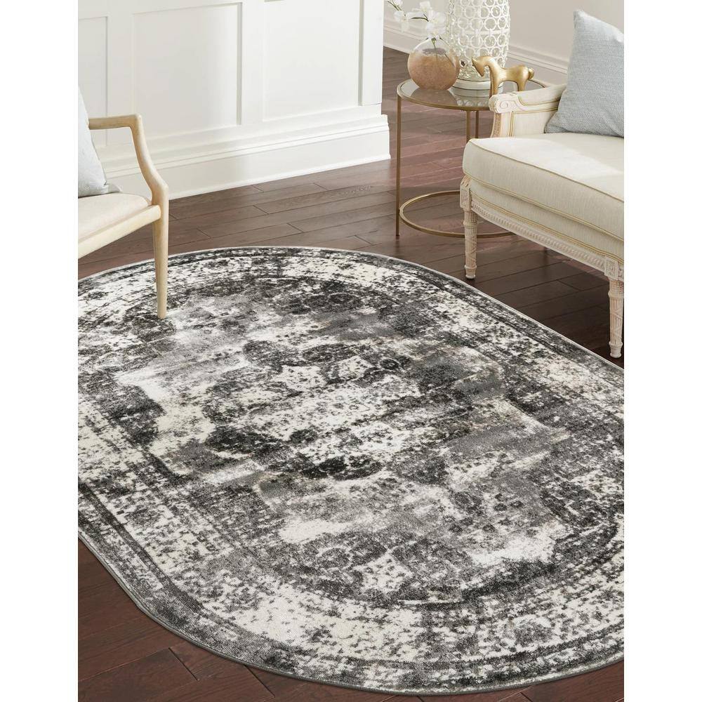 Gray Oval Stain-Resistant Synthetic Area Rug