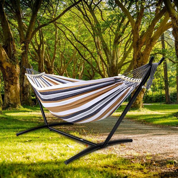 twocorn Portable Brown White Hammock Bed with Stand Set with