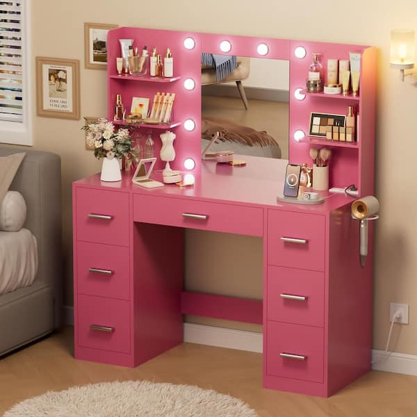 COPY 0 Makeup Vanity with Lights in 3-Colors, Vanity Desk with Large Mirror, Drawers and Shelves, Deep Pink